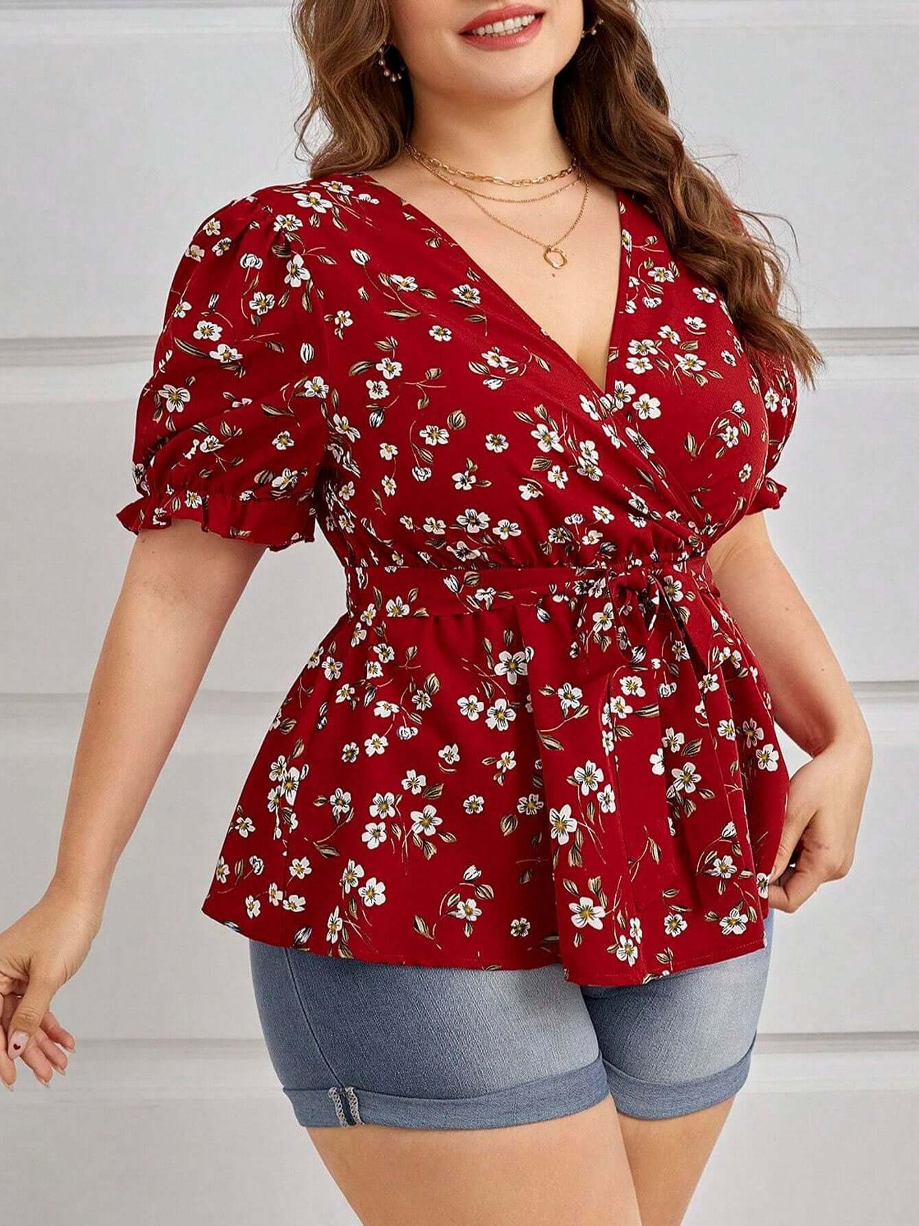 Women's Plus Size Summer Elegant V-Neck Floral Blouse - Office & Vacation Top With Belt eprolo