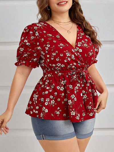 Women's Plus Size Summer Elegant V-Neck Floral Blouse - Office & Vacation Top With Belt eprolo