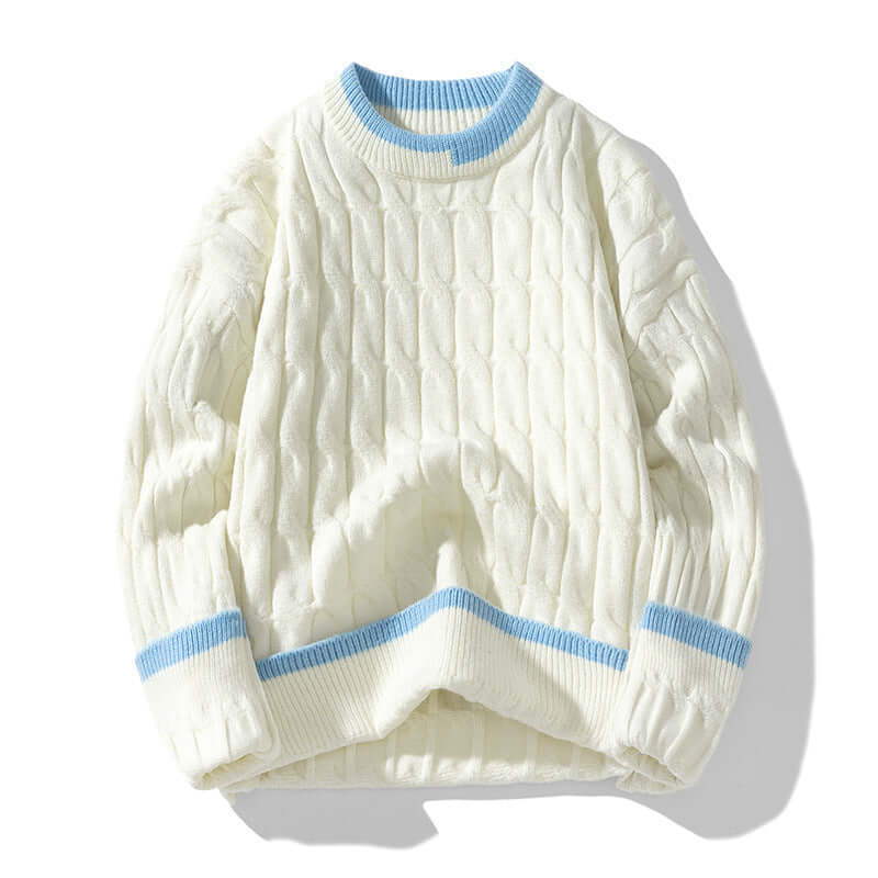 Men's autumn and winter pullover sweater in off-white with blue ribbed cuffs and neckline, made from modal and acrylic.