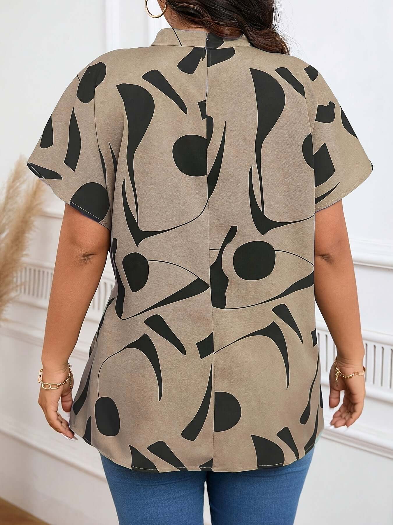 Plus-size Irregular Print Blouse For Women - Elegant Short-sleeve Work Top For Summer eprolo