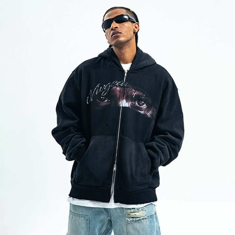Washed Printed Hoodie Spray Paint Fleece-lined Double Zipper Coat eprolo