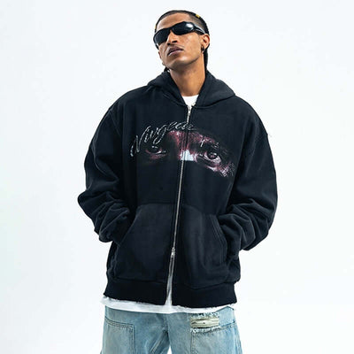 Washed Printed Hoodie Spray Paint Fleece-lined Double Zipper Coat eprolo