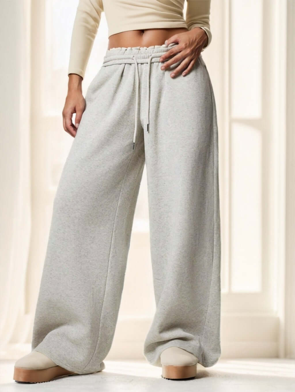 Forever 21 Autumn Winter New Thermal Lined Thick Casual Versatile High Waist Elastic Waist Loose Wide Leg Sweatpants eprolo
