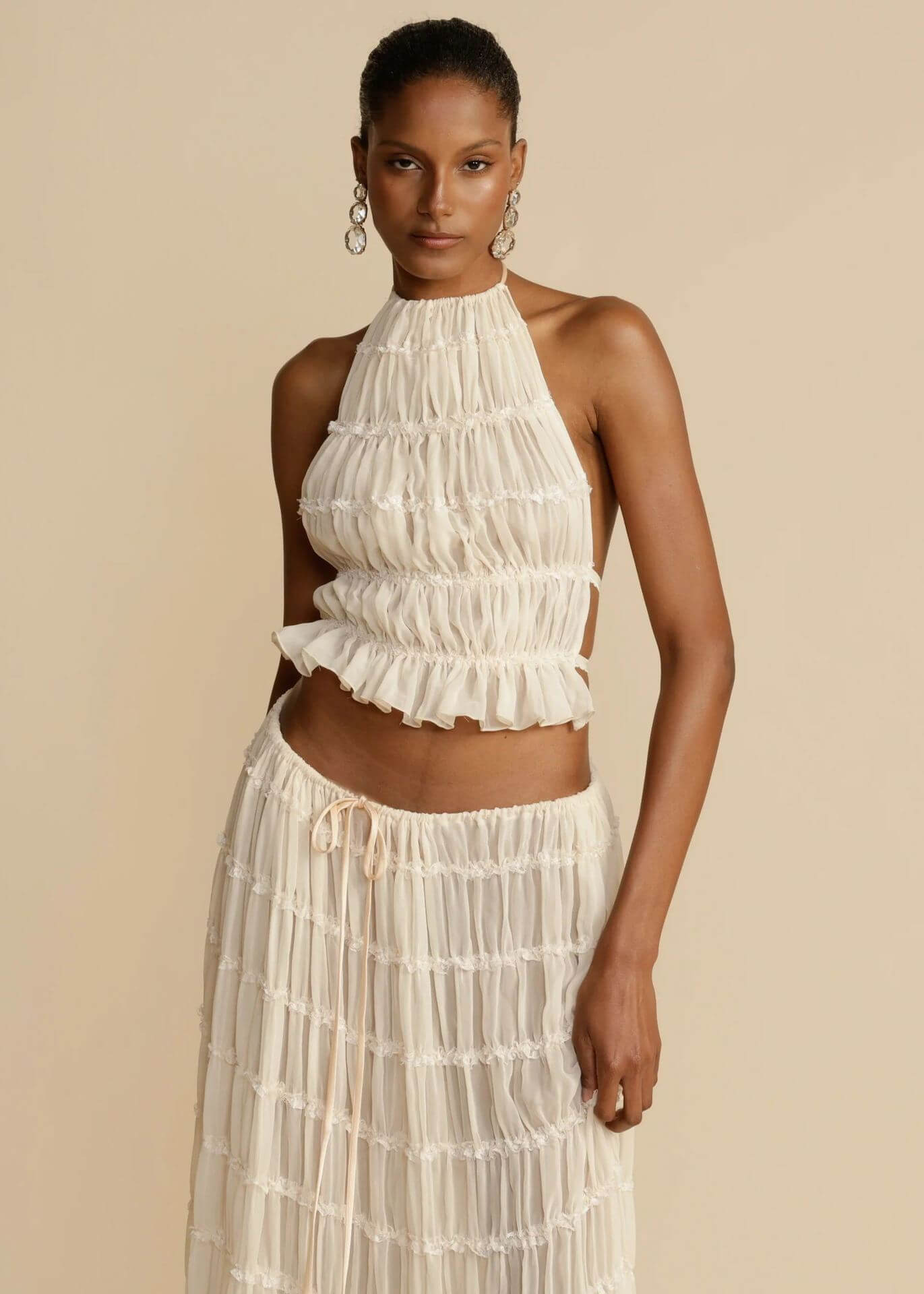 2pcs Women's Dress Suit Sexy Sleeveless Backless Cropped Halter Top And Pleated Long Skirt Beach Clothing eprolo
