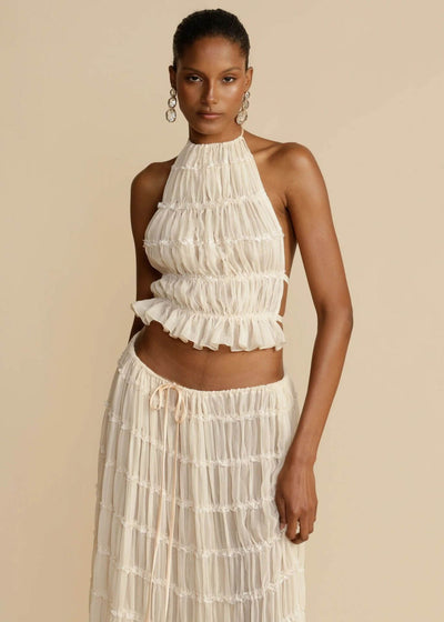 2pcs Women's Dress Suit Sexy Sleeveless Backless Cropped Halter Top And Pleated Long Skirt Beach Clothing eprolo