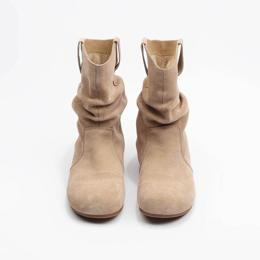 Western denim Martin boots for women in khaki color, featuring low heel and soft suede design.