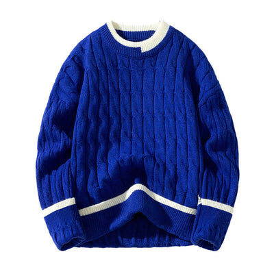 Men's royal blue pullover sweater with white trim, perfect for autumn and winter wear.