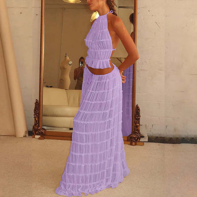 2pcs Women's Dress Suit Sexy Sleeveless Backless Cropped Halter Top And Pleated Long Skirt Beach Clothing eprolo