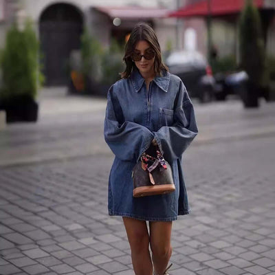 Lapel Patch Pocket Bell Sleeve Denim Dress eprolo