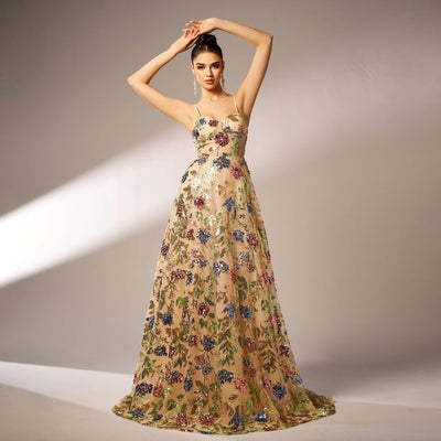 "Chic Sleeveless Sequined Evening Dress with Suspender Detail Dropshipman