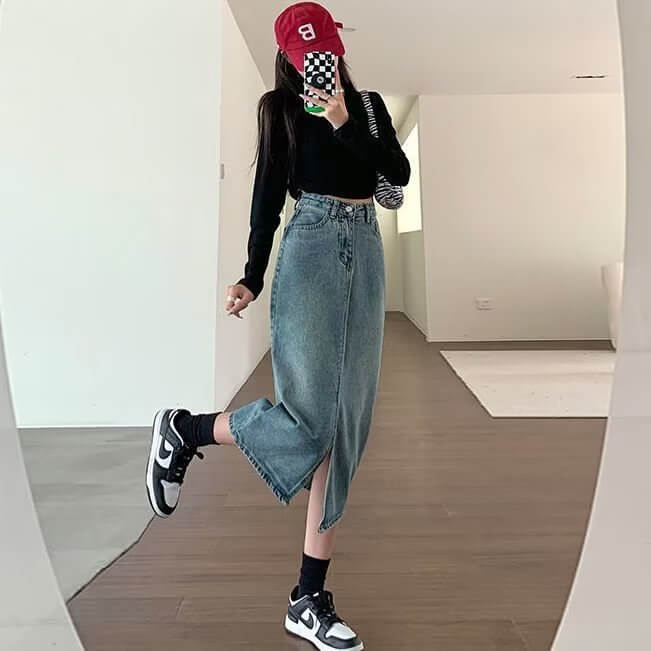 High Waist Slit Denim Skirt For Women A-line Slimming Hip-covering Design Mid-length Skirt eprolo