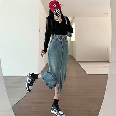High Waist Slit Denim Skirt For Women A-line Slimming Hip-covering Design Mid-length Skirt eprolo