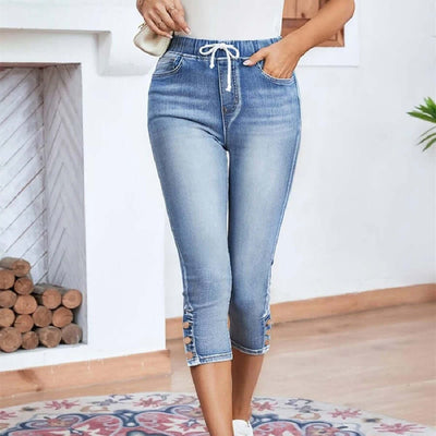 Elastic Waistband Lace-up Stretch Jeans For Women Dropshipman