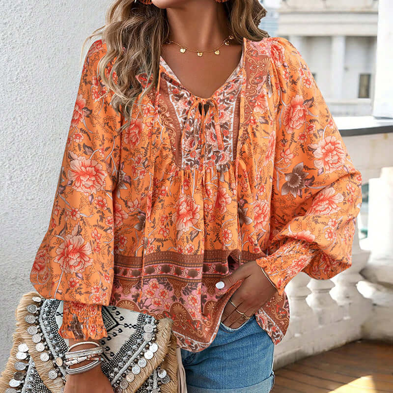 Wpmens Boho Chic Long Sleeve Blouse Floral Print V-Neck Top With Lace-Up & Drawstring Detail Elegant Vacation Shirt eprolo