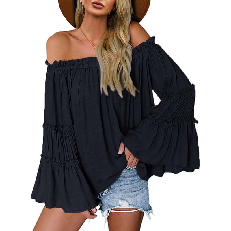 Women's Off Shoulder Blouse Long Flared Bell Sleeve Casual Loose Fit Top eprolo