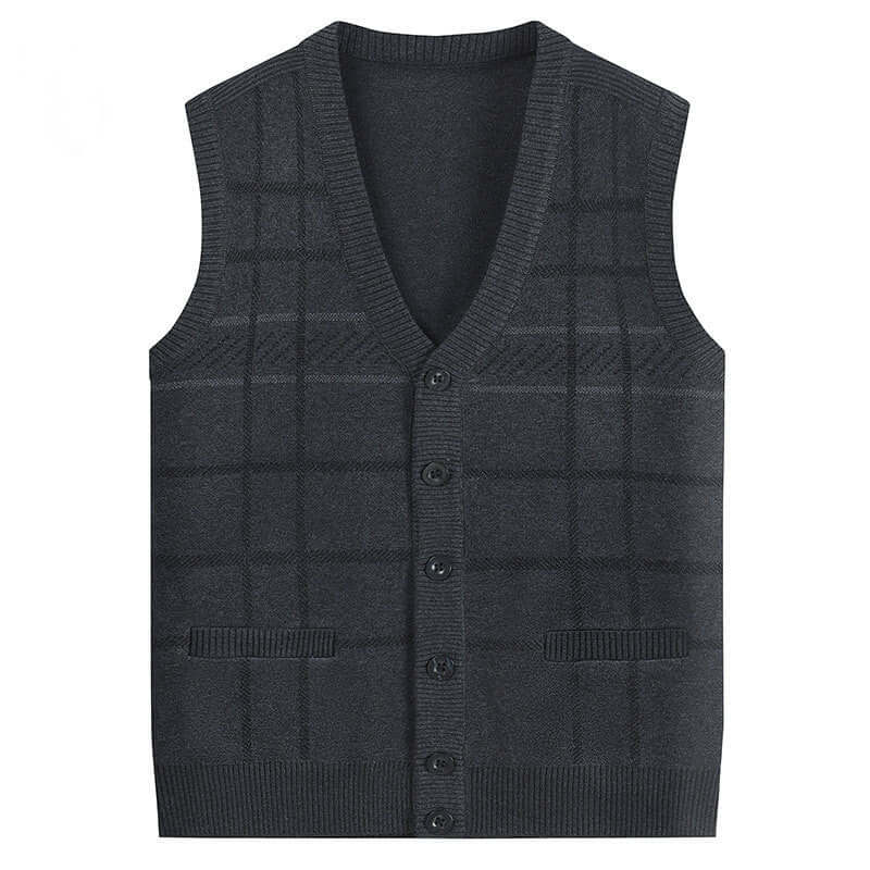 Thickened men's knitted cardigan vest in dark gray plaid design, suitable for elderly wear.