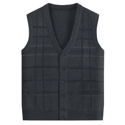 Thickened men's knitted cardigan vest in dark gray plaid design, suitable for elderly wear.