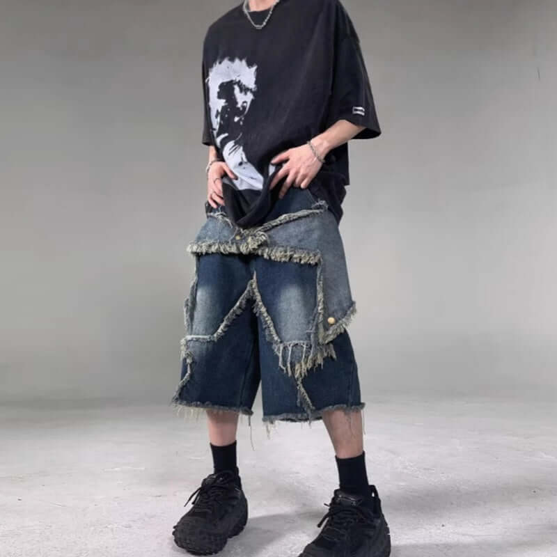 American Retro Frayed Five-pointed Star Denim Shorts Loose eprolo