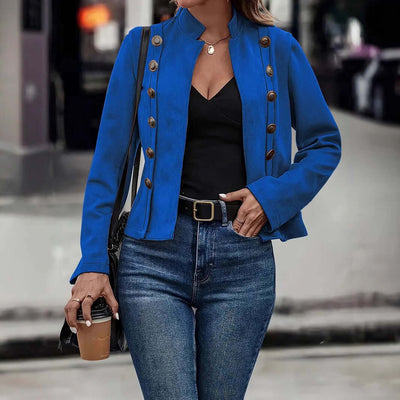 Long-sleeved retro blue coat with metal buttons, paired with a black top and blue jeans, perfect for stylish women.