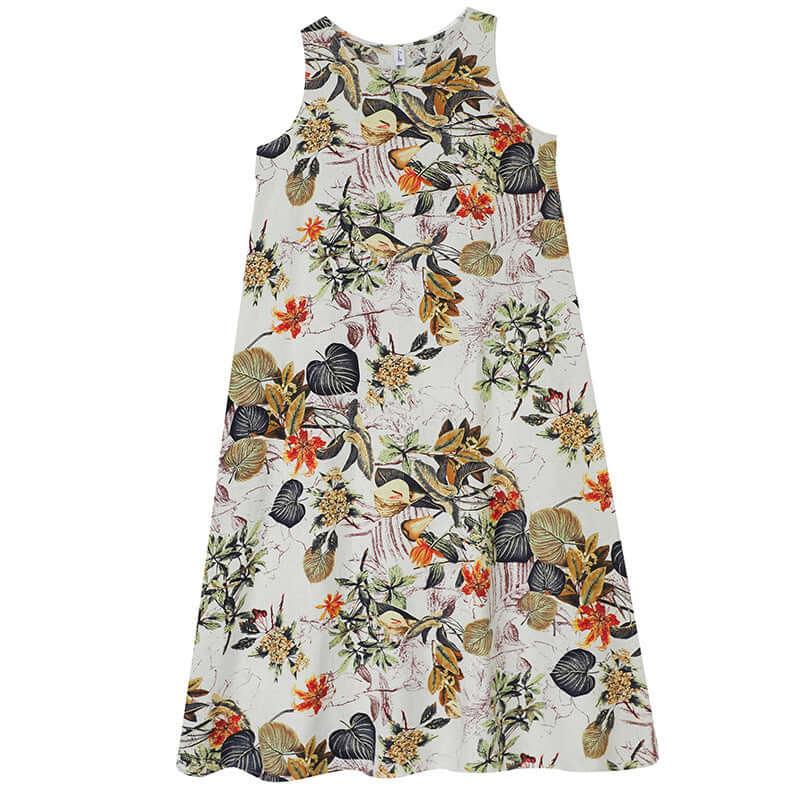 Printed Cotton Linen Round Neck Sleeveless Dress Women's eprolo