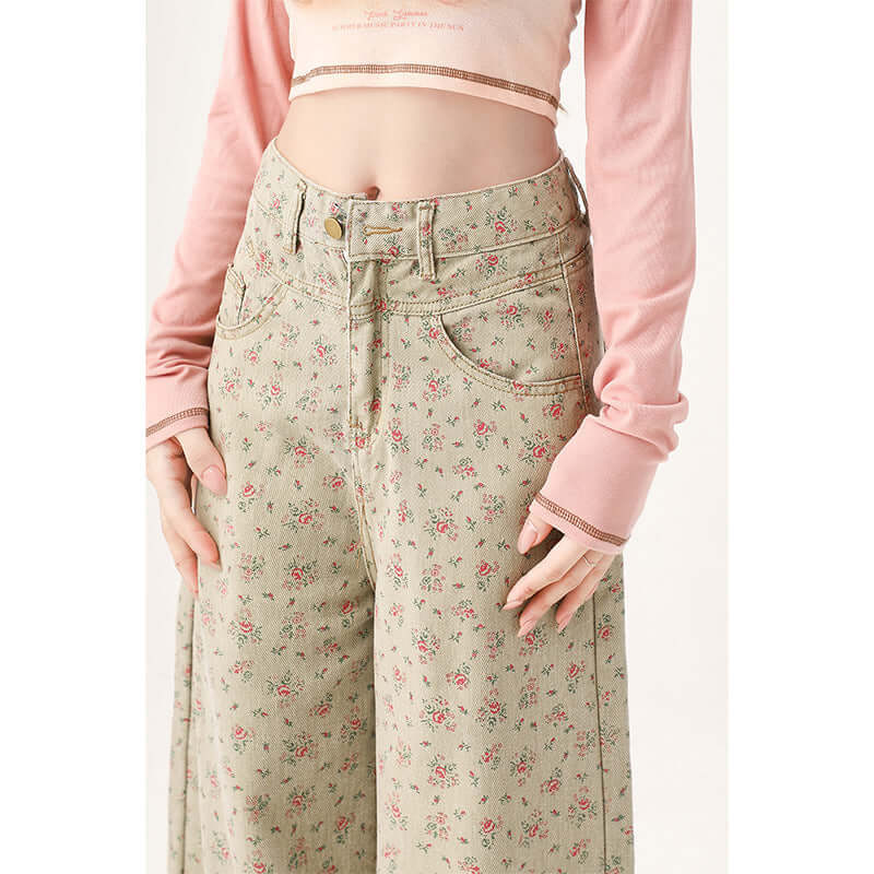 Mint Mambo Green Floral Jeans For Women eprolo