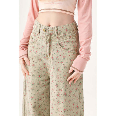 Mint Mambo Green Floral Jeans For Women eprolo