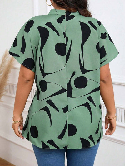 Plus-size Irregular Print Blouse For Women - Elegant Short-sleeve Work Top For Summer eprolo