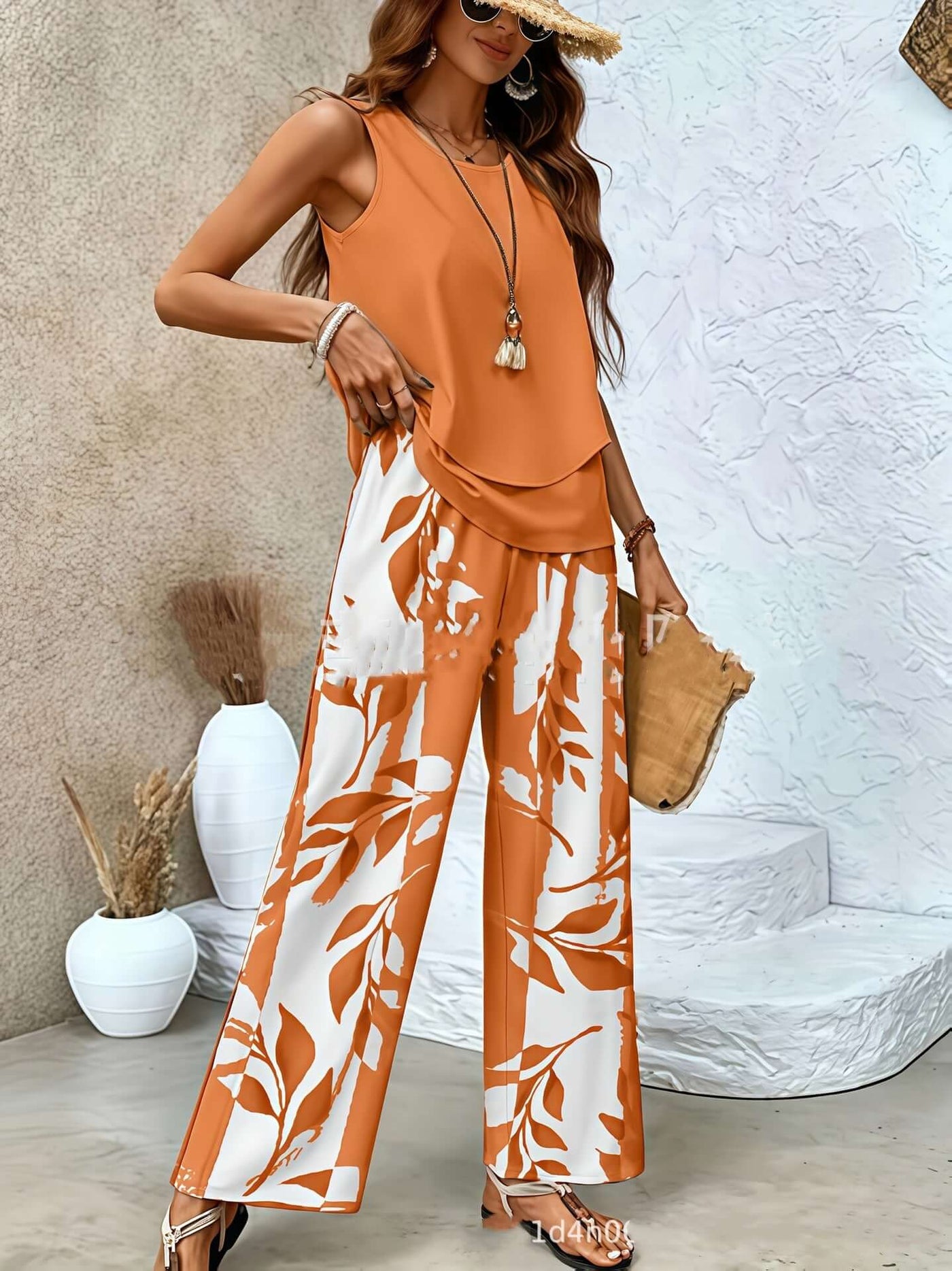 Women's printed sleeveless vest with loose straight pants