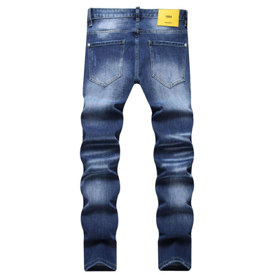 Blue ripped street fashion slim stretch denim trousers for men with mid-waist design and pencil fit.