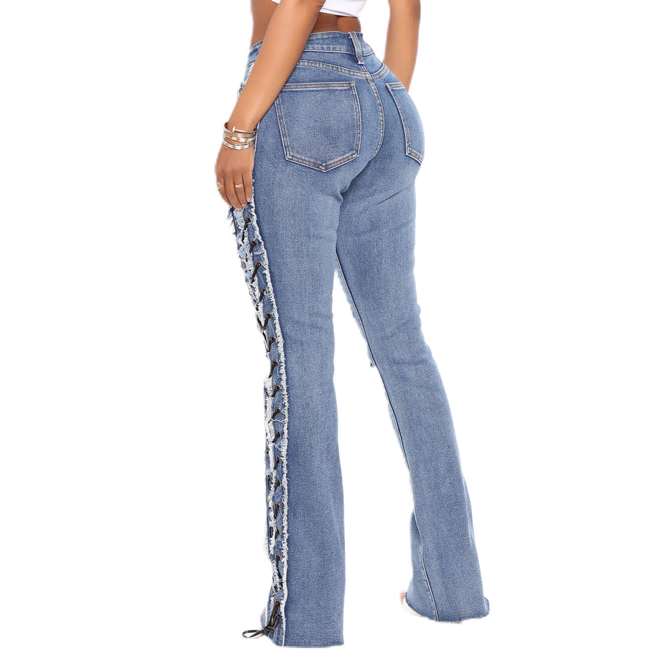 Eyelet Rope High Elasticity Slim Fit Ripped Denim Trousers Dropshipman