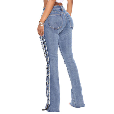 Eyelet Rope High Elasticity Slim Fit Ripped Denim Trousers Dropshipman