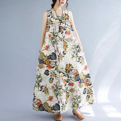 Printed Cotton Linen Round Neck Sleeveless Dress Women's eprolo