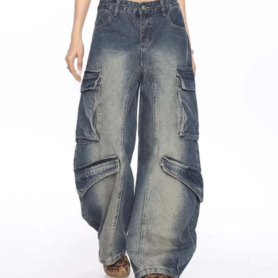 Washed Multi-pocket Denim Matchet Pants Dropshipman