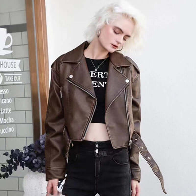 Brown retro motorcycle jacket for women, short PU leather coat, casual spring autumn fashion.