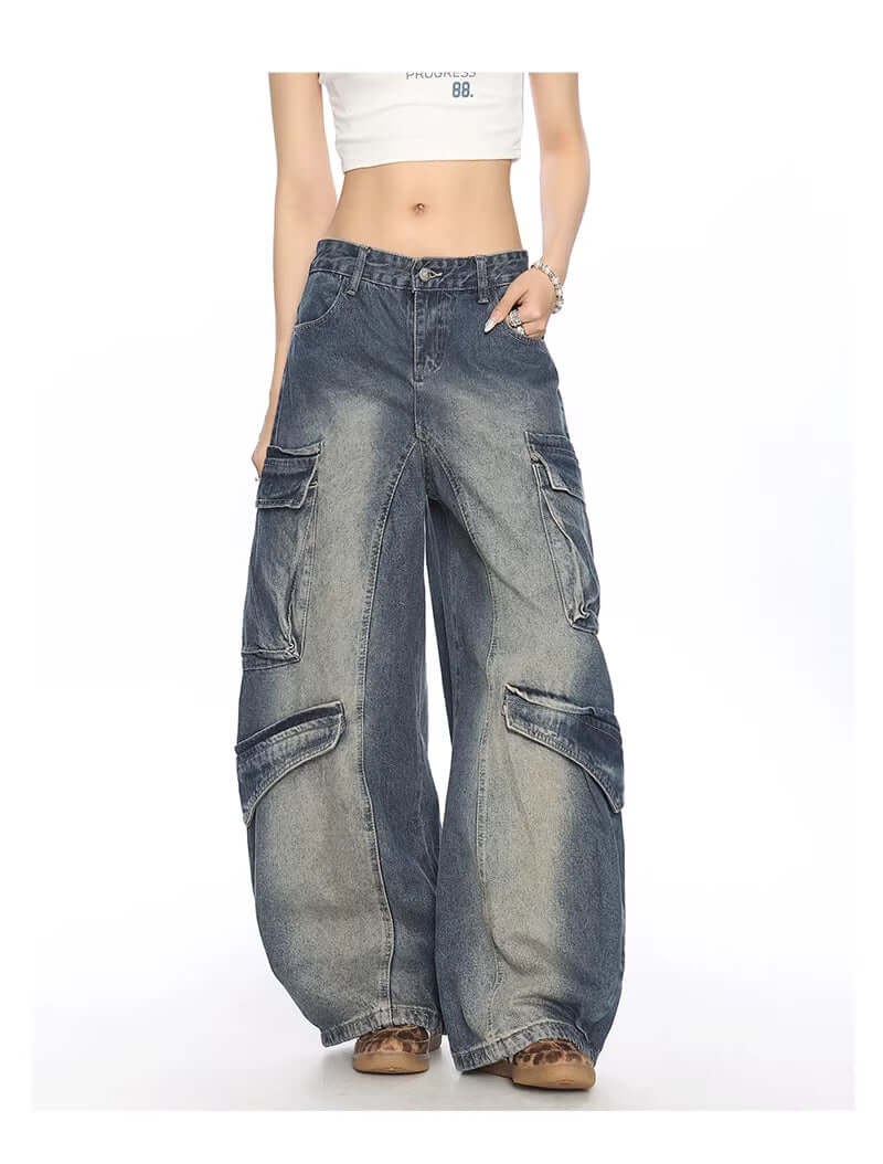 Washed Multi-pocket Denim Matchet Pants Dropshipman