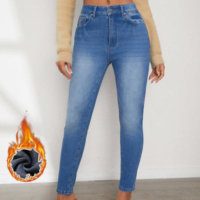 Ladies' High Waisted Comfortable Small Feet With Plush Jeans eprolo