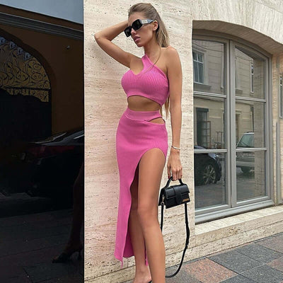 Summer Fashion Temperament Slim Fit Sexy Spicy Girl Outfit Solid Color Slit Thread Skirt Set eprolo