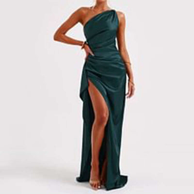 Sexy One-shoulder Backless Slit Dress Summer Elegant Slim-fit Solid Color Satin Dresses For Women Astrazona