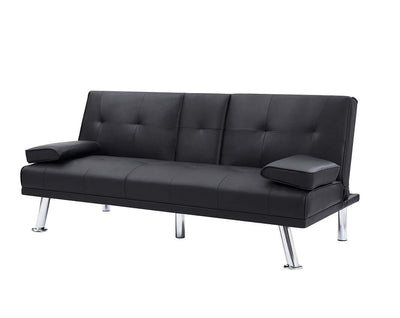 Black PU 66inch Sleeper Sofa,2-seat Sofa With Cup Holder, Folding Sofa Bed, Accompany Two Head Pillows eprolo