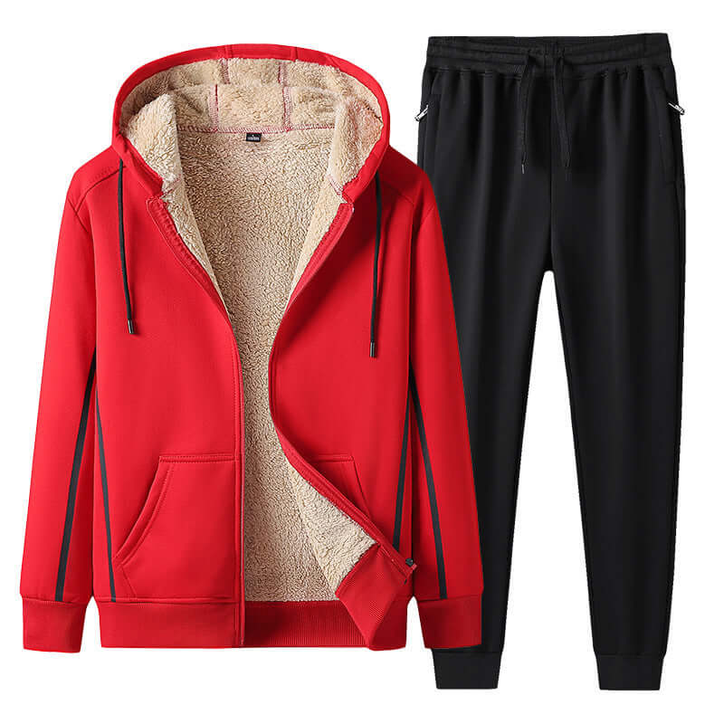 Men's red leisure sports suit featuring a cozy hoodie and black pants, perfect for casual and active wear.