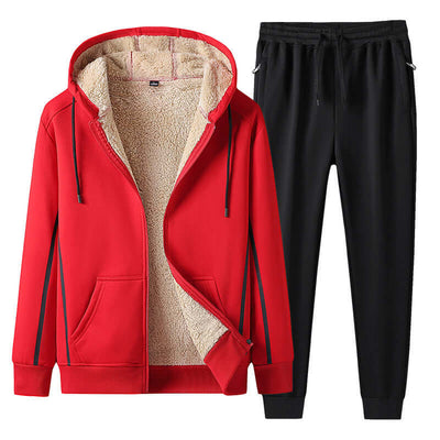 Men's red leisure sports suit featuring a cozy hoodie and black pants, perfect for casual and active wear.