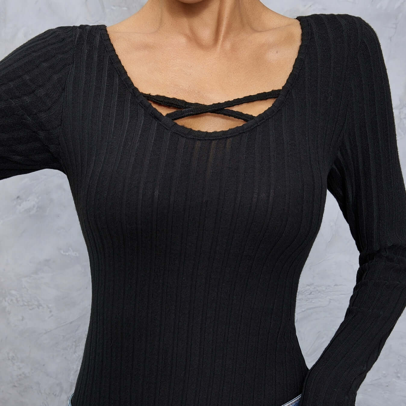 Ladies' Solid Color Collar Cross Design Slim Fit, Simple And Comfortable Elastic Long Sleeved T-shirt eprolo