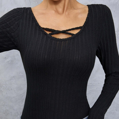 Ladies' Solid Color Collar Cross Design Slim Fit, Simple And Comfortable Elastic Long Sleeved T-shirt eprolo