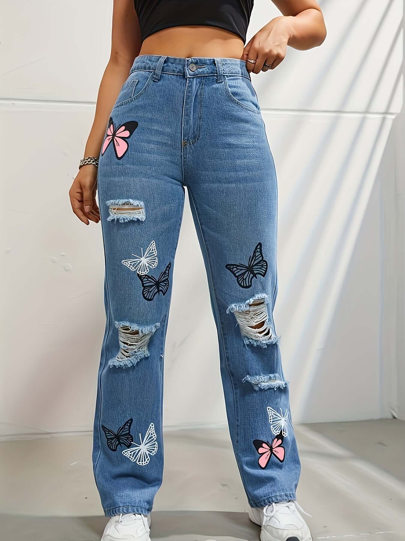 High Waisted Straight Leg Jeans For Women Trendy Butterfly Print Ripped Distressed Denim Pants Dropshipman
