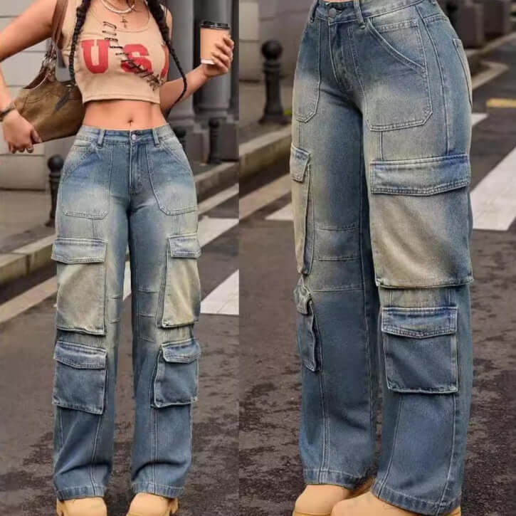 Retro Nostalgic Washed Multi-pocket Cargo Pants Straight Jeans Dropshipman