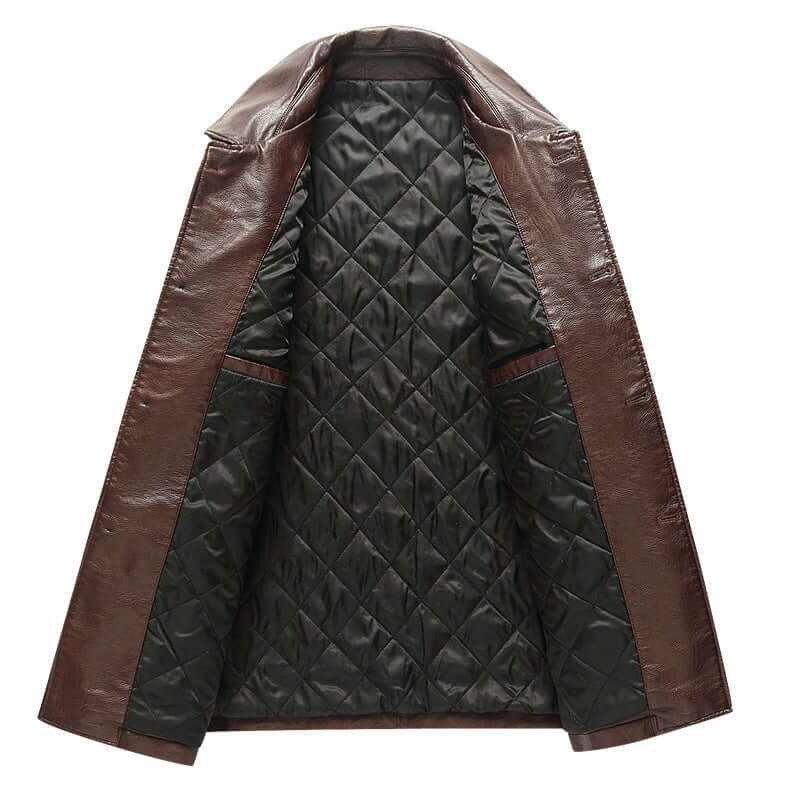 Interior view of a brown lapel leather jacket for middle-aged and elderly men, featuring a quilted polyester lining.