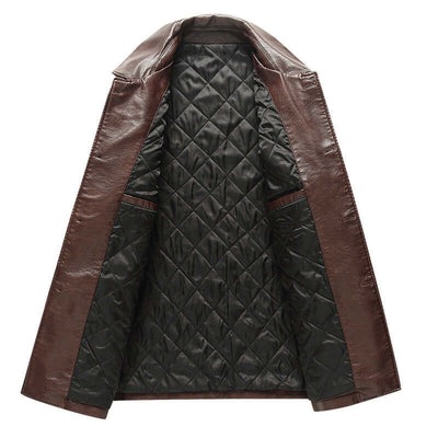 Interior view of a brown lapel leather jacket for middle-aged and elderly men, featuring a quilted polyester lining.