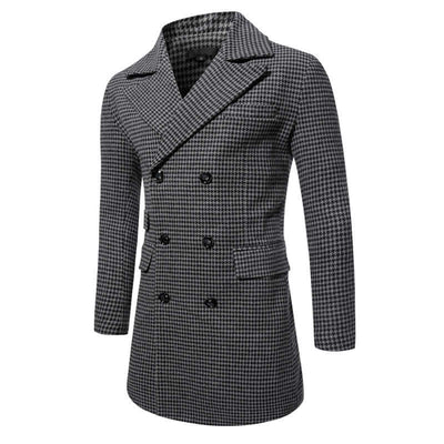 Men's mid-length plaid overcoat in dark gray and brown, featuring a double-breasted design and straight hem.