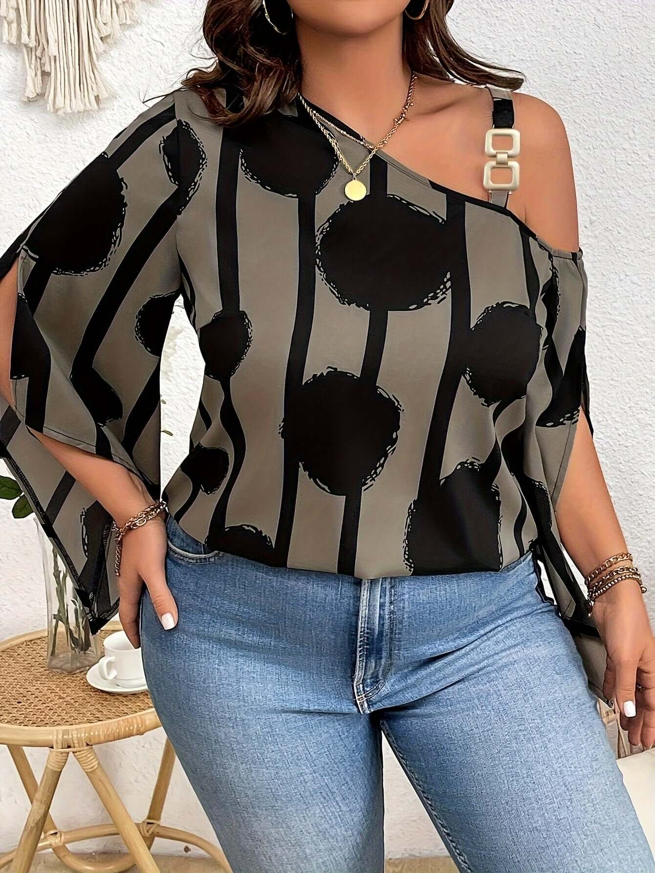 Women's Plus Size Printed Fashion Off-the-Shoulder Charming Chain Three-quarter Sleeve Blouse - Casual Top eprolo