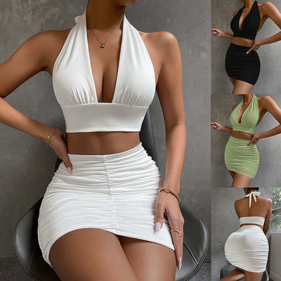 2pcs Dress Suits For Women Halter Lace-up Hip Top And Pleated Hip-covering Skirt eprolo